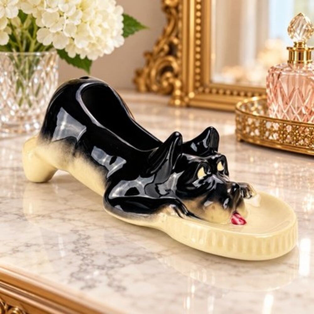 Vintage McCoy Pottery Scottie Dog Dresser Caddy Valet Black Cream 11”